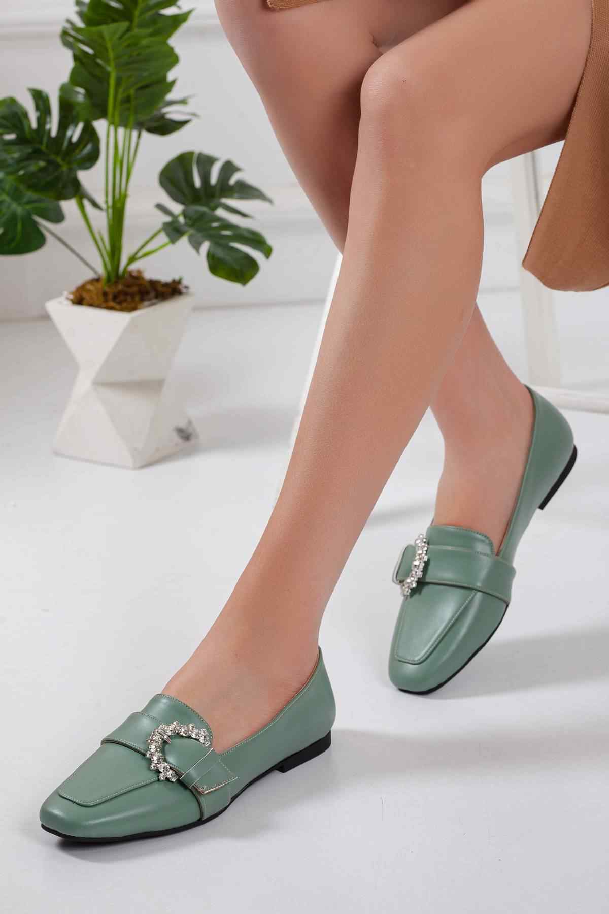 Kadın günlük ayakkabı taşlı  lofer su yeşili
